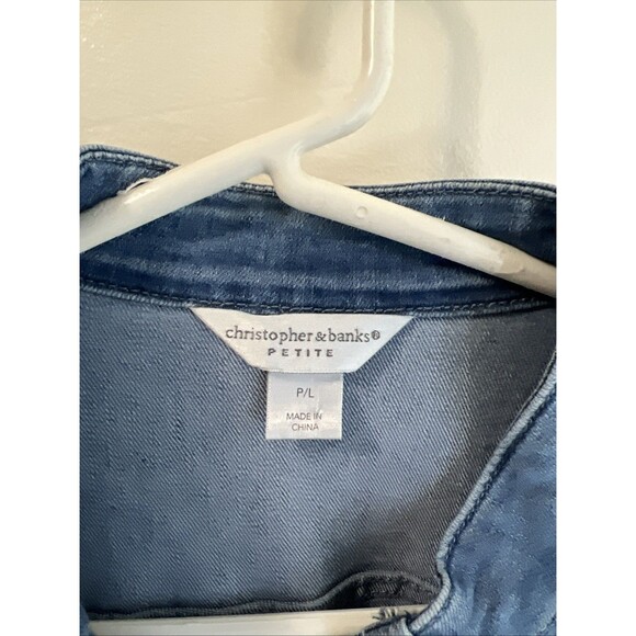 Christopher & Banks Denim Jacket Womens Petite XL Button Up Lace Trim Stretch - Picture 2 of 5